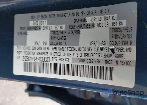 2017 Mazda Mazda3 Grand Touring from USA, damaged, VIN 3MZBN1M32HM133689